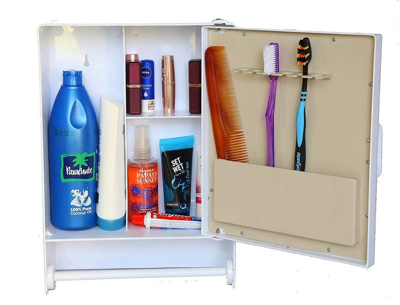Maskey Kids Designer Multiuse Virgin Plastic Small Storage Bathroom Mirror Cabinet with Towel Rod for Home and Corporate Use (Mystic White, Small: 14 x 10 x 4 Inches) - Image 3