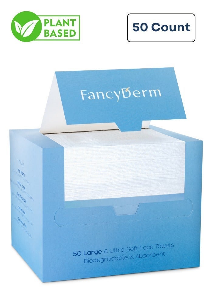 فانسي ديرم مناشف وجه قطنية قابلة للاستخدام لمرة واحدة – حجم كبير - مصنوعة من ألياف نباتية 100%، فائقة النعومة وآمنة للبشرة الحساسة، قابلة للتحلل ، مثالية للعناية بالبشرة وإزالة المكياج (50 قطعة) - Image 1