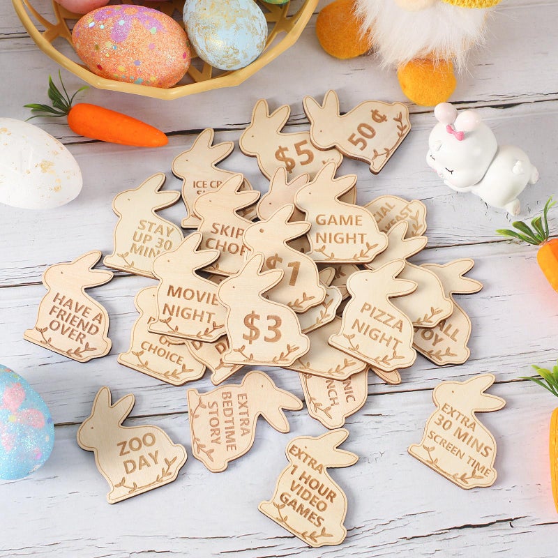 CypherX Easter Egg Fillers- Wood Easter Reward Tokens, Easter Prizes Stuffers Coins, Family Night Tokens, 24 Redeemable Tokens+6 Blank DIY Tokens, Unique Family Easter Egg Hunt Activities- Bunny - Image 1