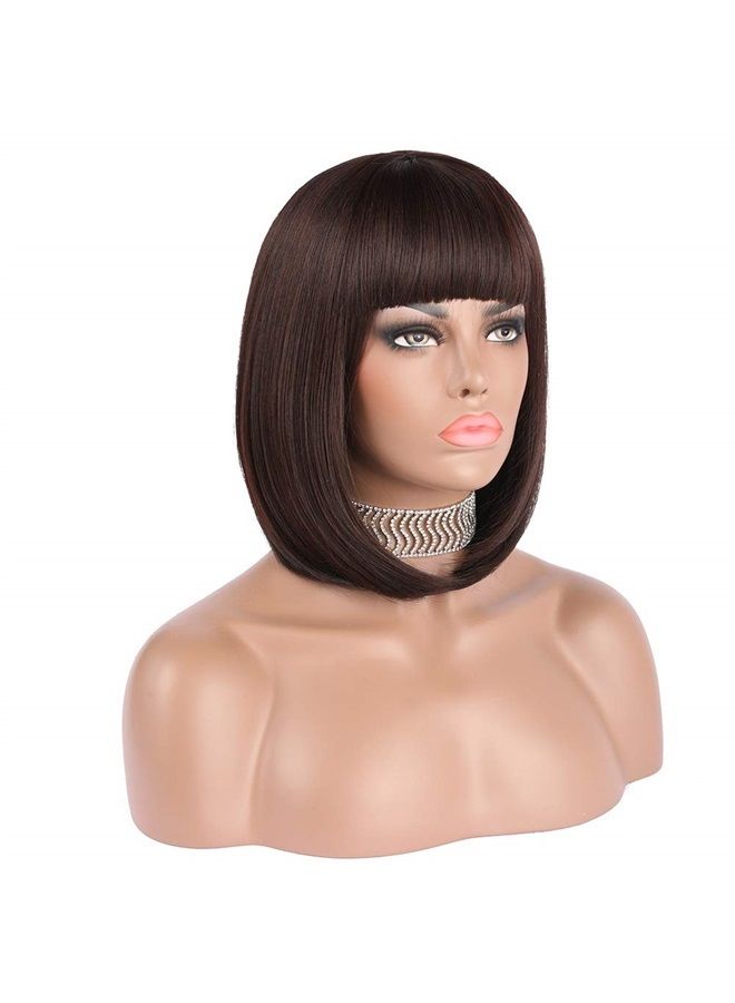 Short Brown Bob Wigs 12" Straight with Flat Bangs Synthetic Colorful Cosplay Daily Party Wig for Women Natural As Real Hair+ Free Wig Cap (Dark Brown)