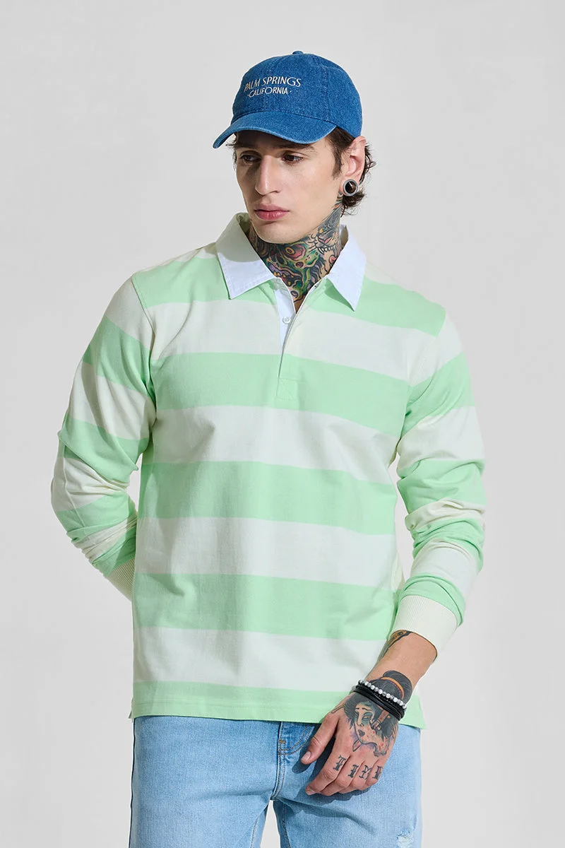SNITCH Light Green Striped Long Sleeve Regular Fit Casual T-Shirt