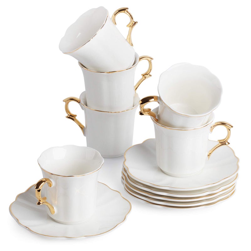 Brew To A Tea White Espresso Cups with Saucers Set of 6 24 oz Porcelain Turkish Coffee Cup Set with Gold Trim Design  Gift Box Dishwasher Safe
