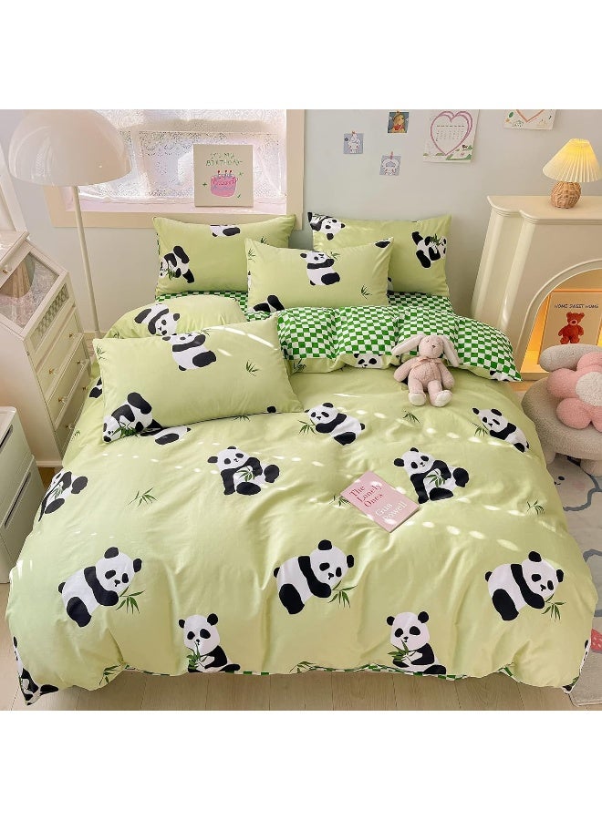 BlueBlue Panda Kids Duvet Cover Set Queen 100% Cotton Bedding for Boys Girls Teens Cartoon Chinese Panda Bamboo Pattern on Green 1 Cute Animal Full Comforter Cover 2 Pillow Shams, Queen  - Image 1