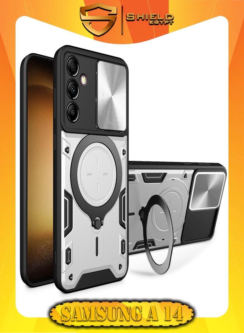 شيلد ايجيبت لهاتف سامسونج جالاكسي اية 14/ اية 14 5جى (Samsung Galaxy A14/A14 5G) جراب حماية مع باب جرار لحماية عدسة  الكاميرا المدرعة مدمج بزاوية 360 درجة - (فضى)