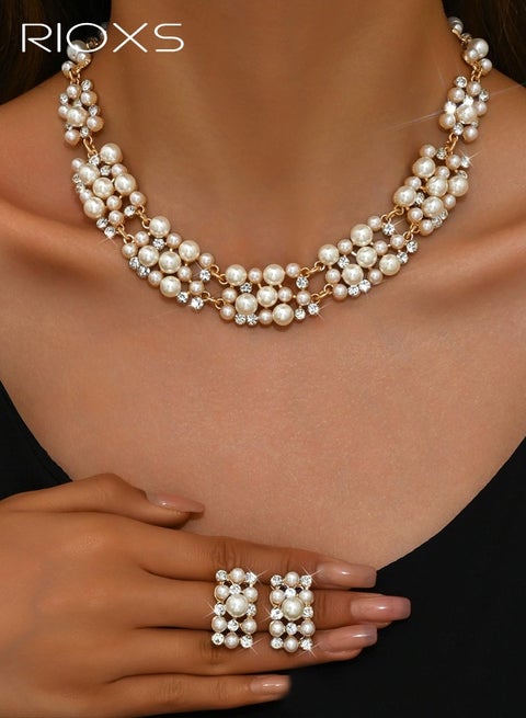 Pearl Necklace and Earring Set, Faux Pearl Necklaces Choker Bridal Jewelry Sets for Wedding, Gold