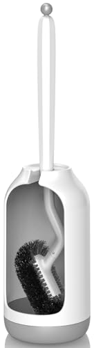HAMITOR Toilet Bowl Brush Holder Set Bathroom Deep Cleaning Toilet Cleaner Scrubber Under Rim with Curved Bristle for Dead Corner Clean  Hidden Rv Toilet Decorative Accessories with Caddy White