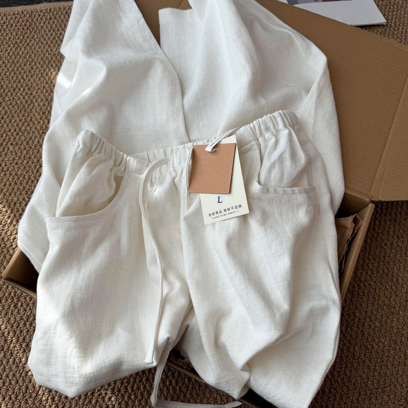 JOMI Studio Off-White Linen Drawstring Wide Leg Pants - Image 2