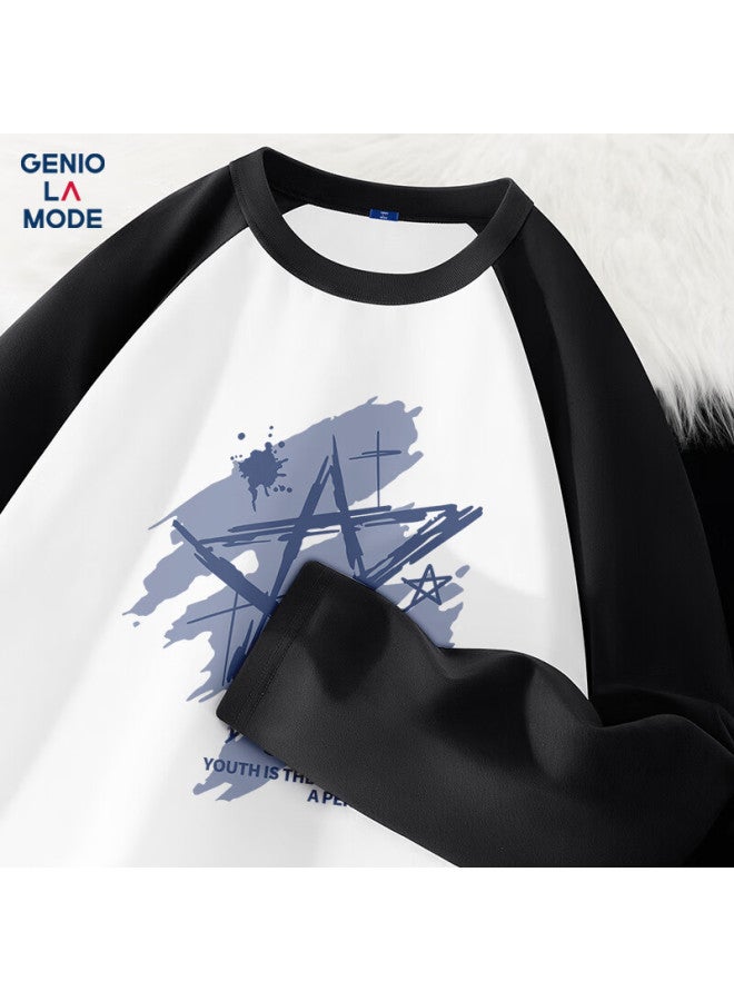 Geniolamode Men's Long Sleeve T-shirt Autumn Winter Raglan American Style Color Block Casual Loose Fit Base Shirt Black 2XL - Image 1
