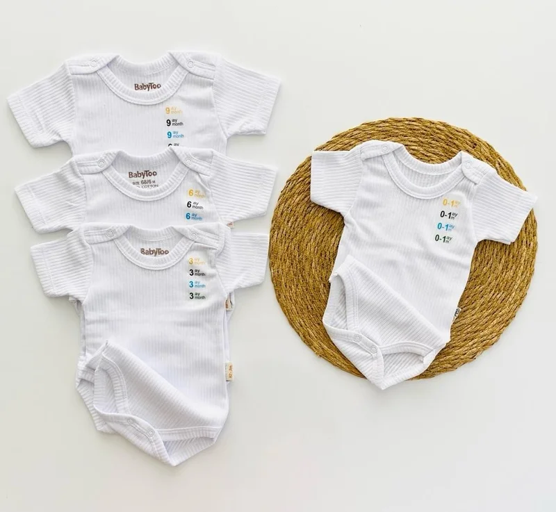 مياكيدزورلد White Short Sleeve Baby Bodysuit with Snap Fastener Undershirt Ribbed Soft Texture Organic Set of 4