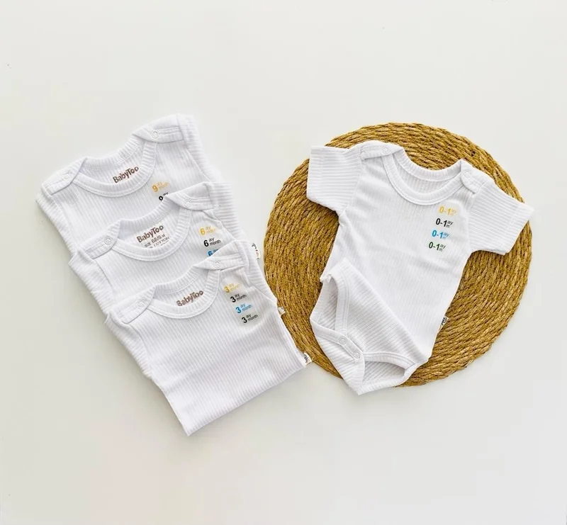 مياكيدزورلد White Short Sleeve Baby Bodysuit with Snap Fastener Undershirt Ribbed Soft Texture Organic Set of 4