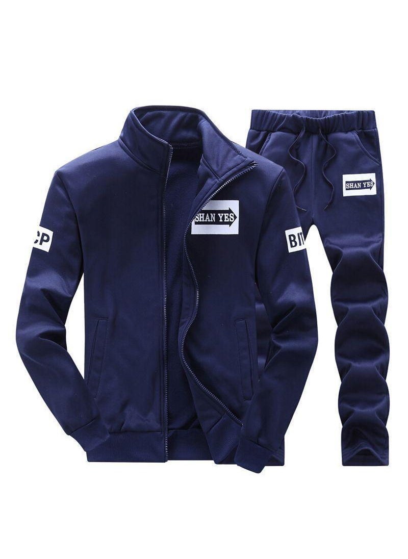 Generic Mens Long Sleeve Sports Suit Casual Track Set dark blue D75 Spring and Autumn suit 