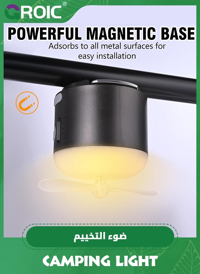 GROIC فانوس تخييم LED، ضوء خيمة قابل لإعادة الشحن، أضواء تخييم بقاعدة مغناطيسية، ضوء طوارئ مع 4 أوضاع إضاءة، مقاوم للماء IPX4، مروحة ورذاذ للطوارئ في الهواء الطلق - Image 4