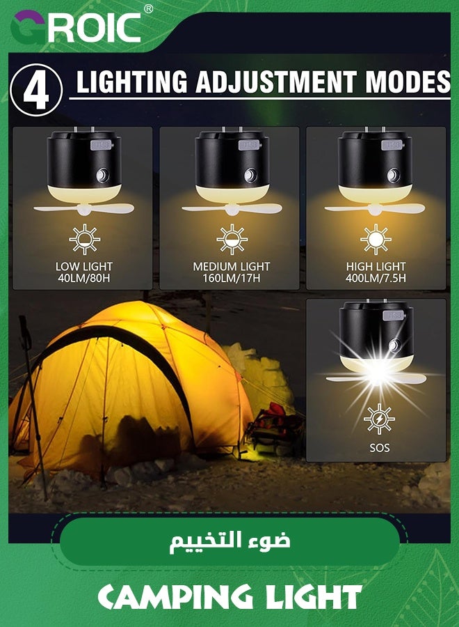 GROIC فانوس تخييم LED، ضوء خيمة قابل لإعادة الشحن، أضواء تخييم بقاعدة مغناطيسية، ضوء طوارئ مع 4 أوضاع إضاءة، مقاوم للماء IPX4، مروحة ورذاذ للطوارئ في الهواء الطلق - Image 2