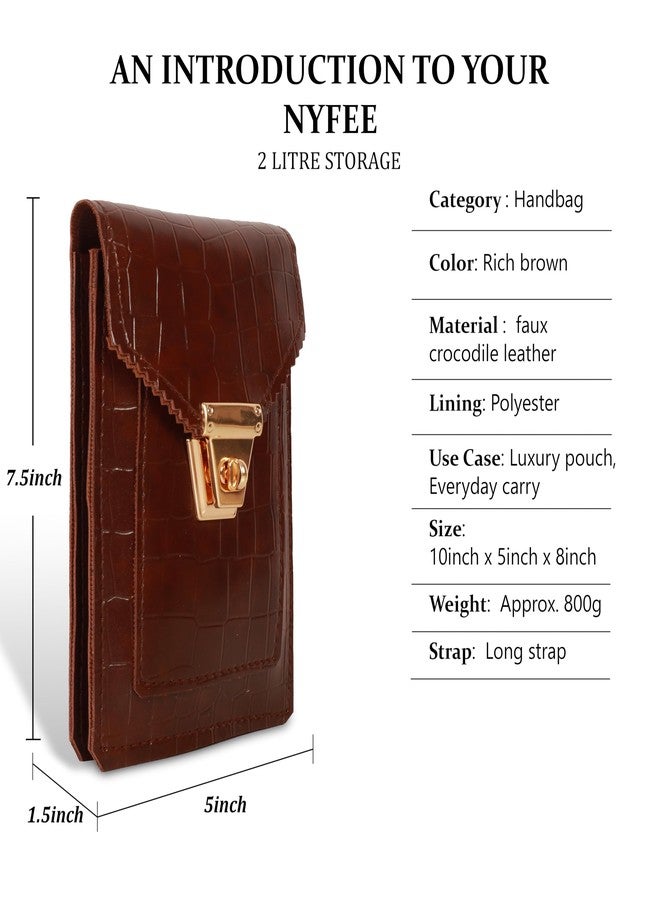 Nyfee Luxury Crocodile Pattern Handbag, Rich Brown, Water Resistant, Gold Lock Closure, Adjustable Strap, 25.4 x 12.7 x 20.3 cm (Brown) - Image 4