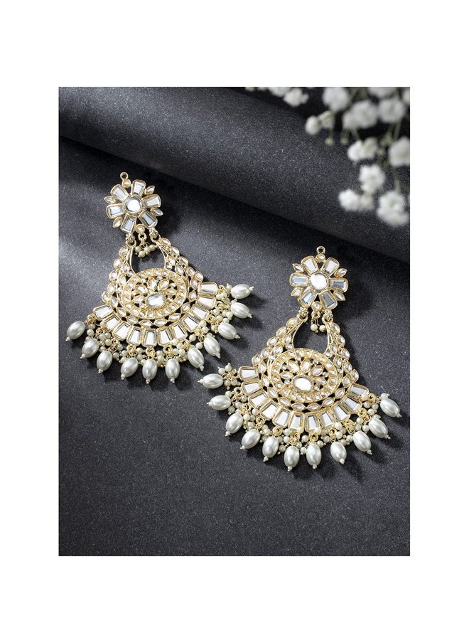 Aheli - Traditional Gold Plated White Kundan & Pearl Studded Dangle Chandbali Earrings Ethnic Fashion Jewelry For Women & Girls - Image 1