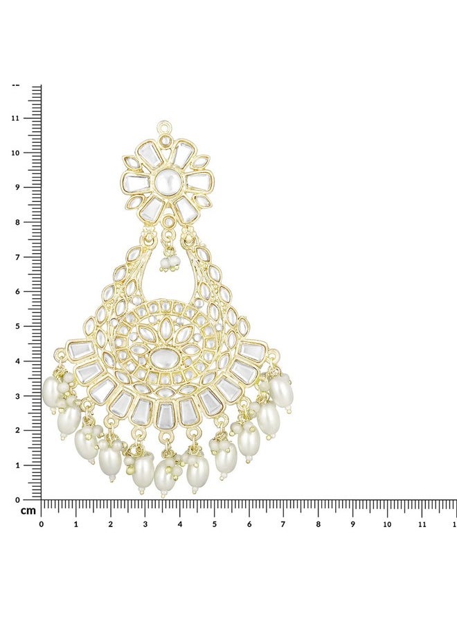 Aheli - Traditional Gold Plated White Kundan & Pearl Studded Dangle Chandbali Earrings Ethnic Fashion Jewelry For Women & Girls - Image 1