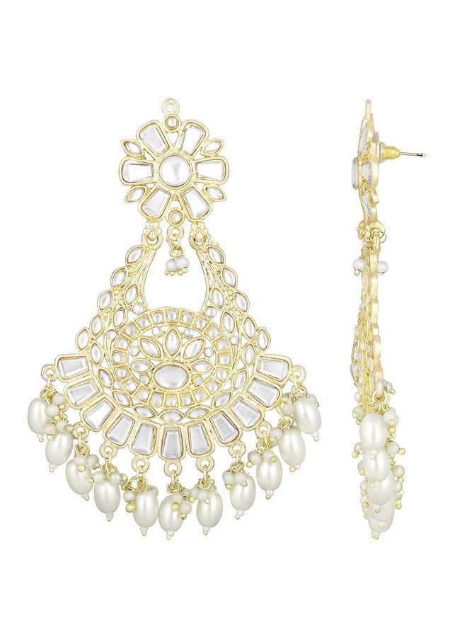 Aheli - Traditional Gold Plated White Kundan & Pearl Studded Dangle Chandbali Earrings Ethnic Fashion Jewelry For Women & Girls - Image 1