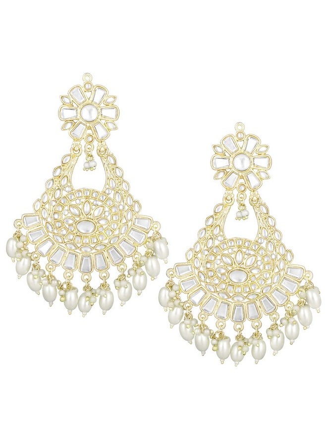 Aheli - Traditional Gold Plated White Kundan & Pearl Studded Dangle Chandbali Earrings Ethnic Fashion Jewelry For Women & Girls - Image 1