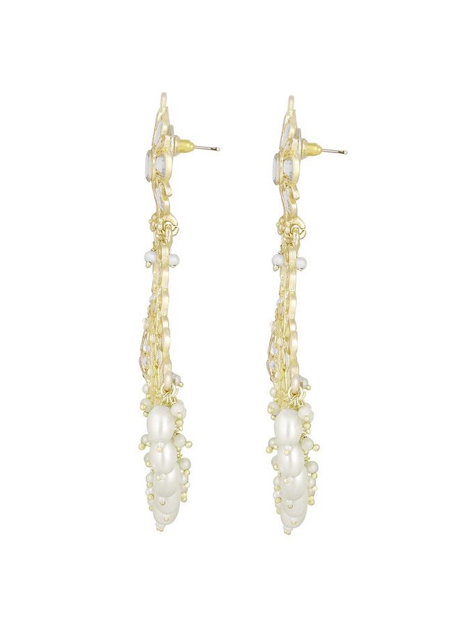Aheli - Traditional Gold Plated White Kundan & Pearl Studded Dangle Chandbali Earrings Ethnic Fashion Jewelry For Women & Girls - Image 1
