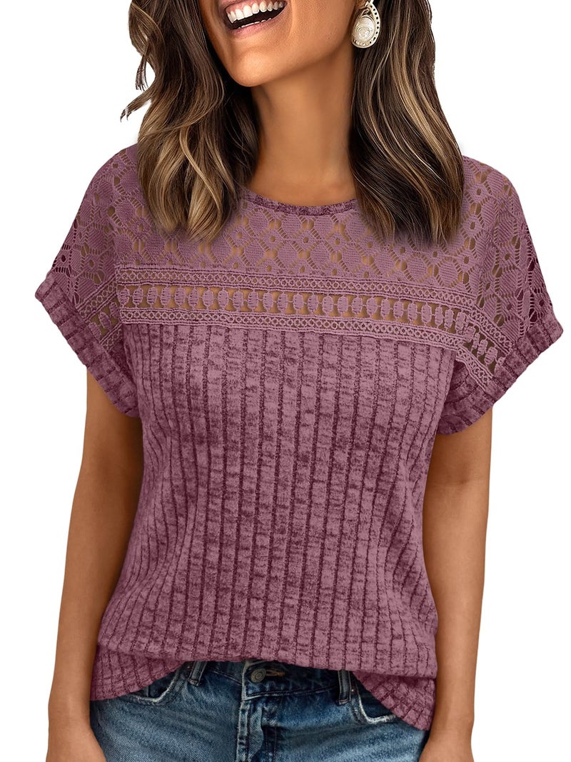 AUTOMET Womens Lace Short Sleeves Shirts Crochet Spring Loose Tops Dressy Business Casual Blouses Summer Fshion Tunics Burgundy L - Image 1