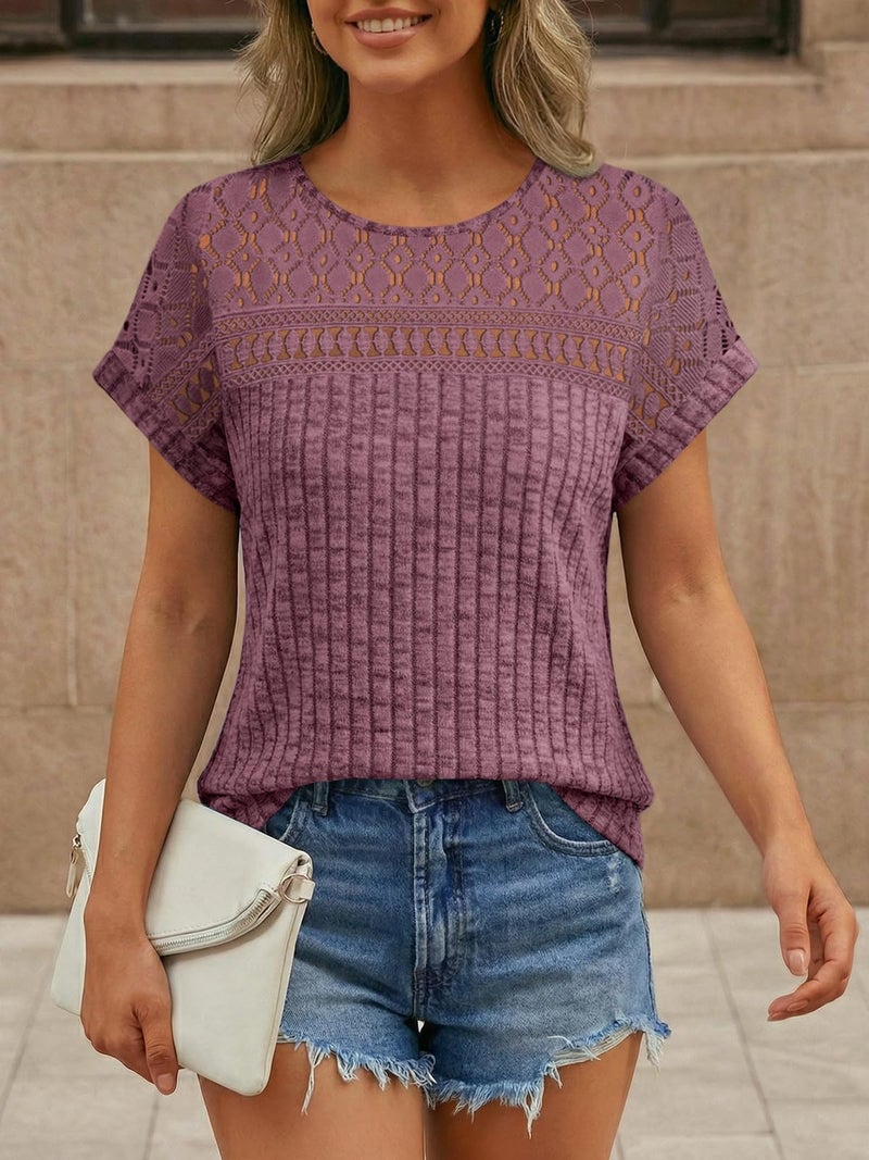 AUTOMET Womens Lace Short Sleeves Shirts Crochet Spring Loose Tops Dressy Business Casual Blouses Summer Fshion Tunics Burgundy L - Image 5