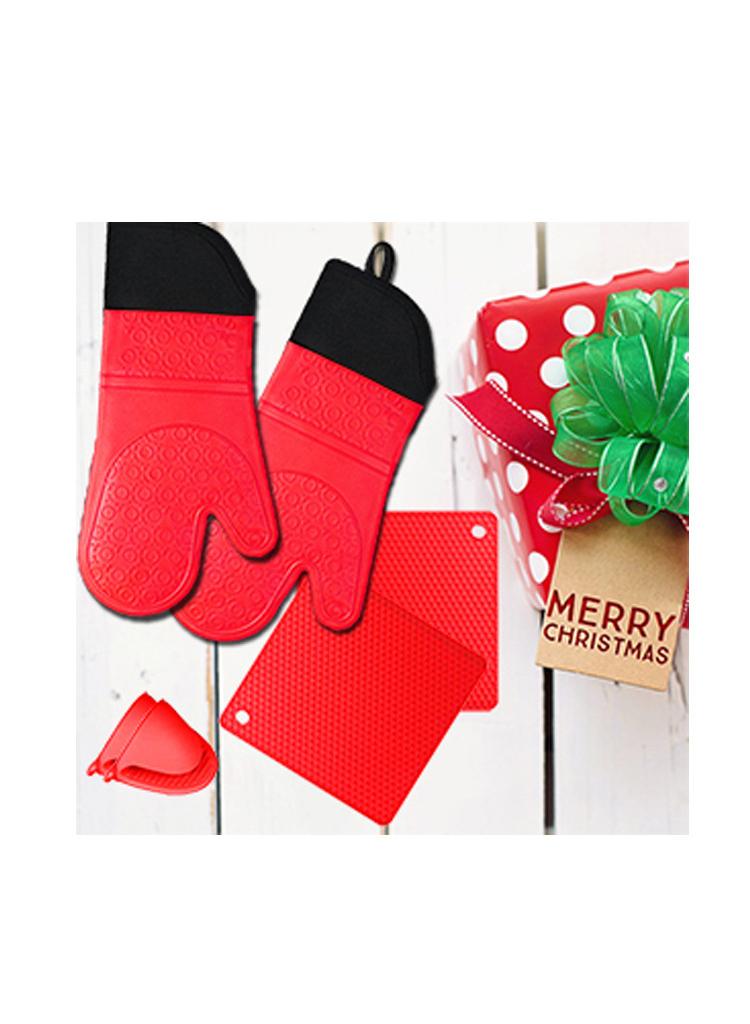 XiuWoo Silicone Oven Mitts and Pot Holders Set, Heat Resistant Mittens with Mini Gloves Hot Pads, for Kitchen Baking Cooking, Quilted Liner, Black,Pack of 6  - Image 1