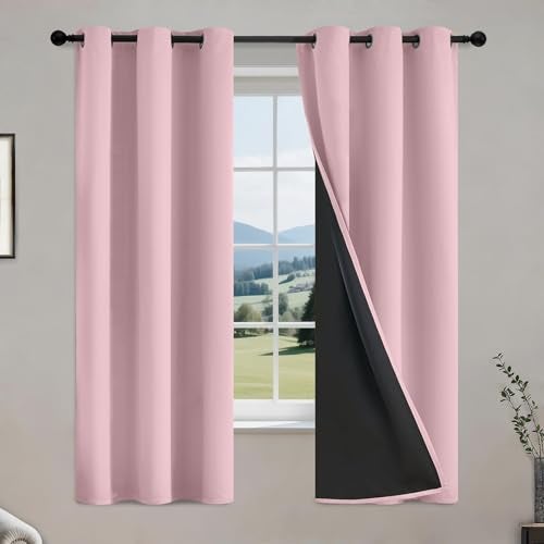 COSVIYA 100 Pink Blackout Curtains for Bedroom Kids Room 63 Inches Length 2 Panels Set Full Light Blocking Thermal Insulated Grommet Nursery Window Treatment Drapes with Black LinerW40 x L63 - Image 1