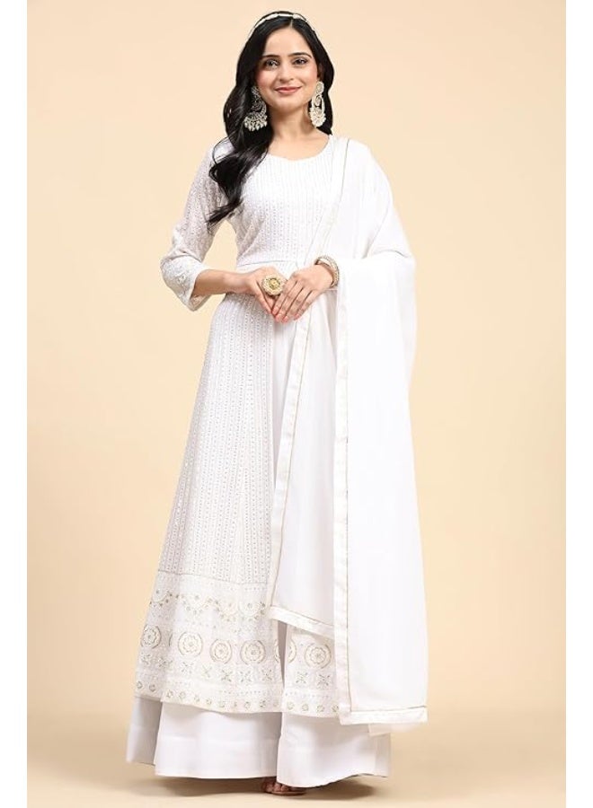 TRENDMALLS L طقم بدلة أناركلاي مطرز من قماش الجورجيت للنساء من تريندمالز، يتكون من كورتا وليهينغا مع دوباتا، باللون الأبيض. - Image 2