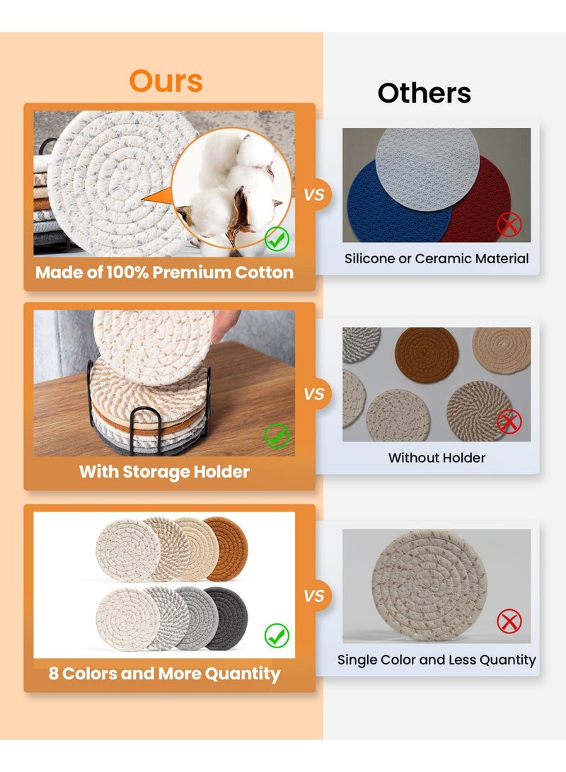 هومستر 8 أقراص أقراص ساقيات المشروبات مع حامل، 8 ألوان ساقيات ممتصة للمشروبات Minimalist كأس ساقطون قطن مجموعة ساقطيات المنسوجة للقهوة طاولة البيت ديكور بار Housewarming هدية، 4.3 بوصة - Image 4