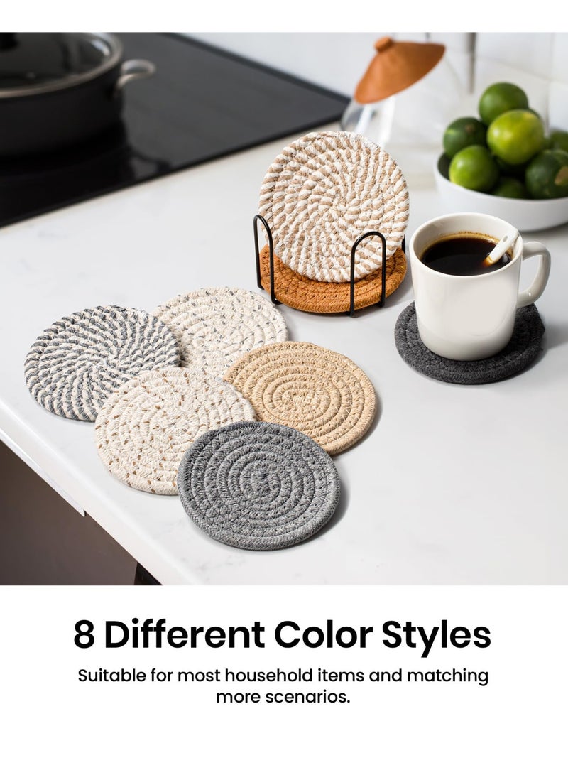 هومستر 8 أقراص أقراص ساقيات المشروبات مع حامل، 8 ألوان ساقيات ممتصة للمشروبات Minimalist كأس ساقطون قطن مجموعة ساقطيات المنسوجة للقهوة طاولة البيت ديكور بار Housewarming هدية، 4.3 بوصة - Image 5