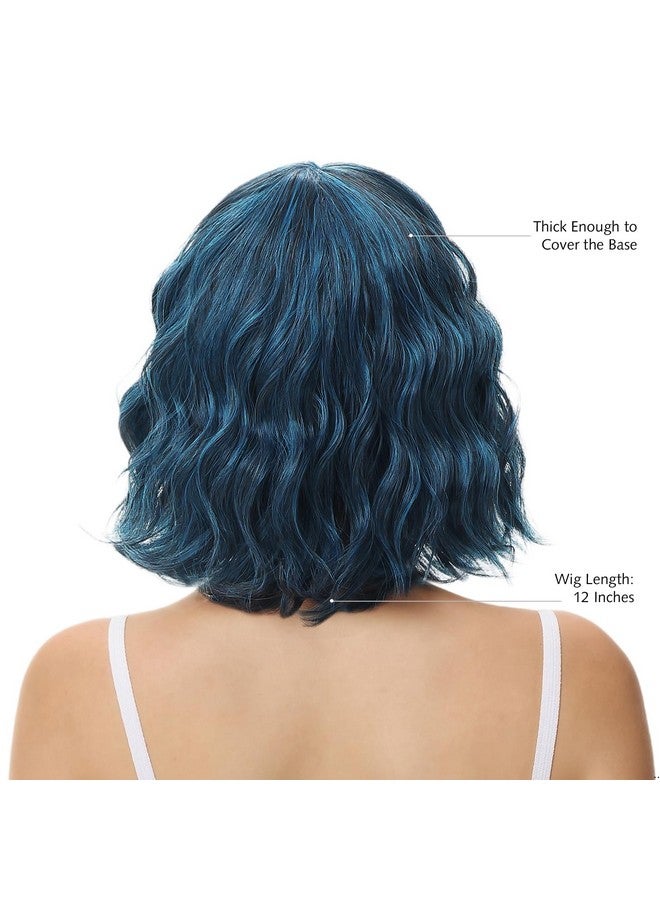 Rose bud باروكة بوب متموجة مع غرة باروكة زرقاء طبيعية شعر صناعي بطول الكتف قصيرة ومجعدة للنساء - Image 5