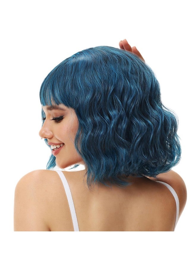 Rose bud باروكة بوب متموجة مع غرة باروكة زرقاء طبيعية شعر صناعي بطول الكتف قصيرة ومجعدة للنساء - Image 3