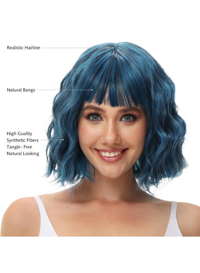 Rose bud باروكة بوب متموجة مع غرة باروكة زرقاء طبيعية شعر صناعي بطول الكتف قصيرة ومجعدة للنساء - Image 4