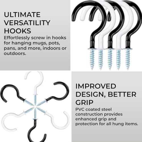 HST H&S Heavy Duty Cup Hooks for Kitchen Utensils Display - 18pcs Mug Holders with 2.9 Inches Screw for Hanging Plants - Plastic Coated Black & White Ceiling Hooks - Image 2