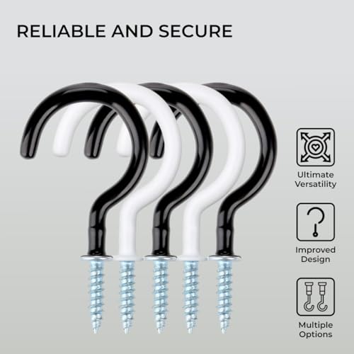 HST H&S Heavy Duty Cup Hooks for Kitchen Utensils Display - 18pcs Mug Holders with 2.9 Inches Screw for Hanging Plants - Plastic Coated Black & White Ceiling Hooks - Image 3