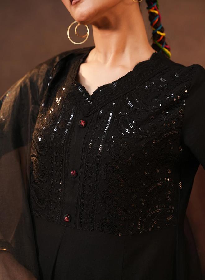 ISHIN Women's Black Rayon Embellished Tunic Upper Calf Length Palazzo Bottom Regular Fit 3 Peice Kurta Set - Image 5