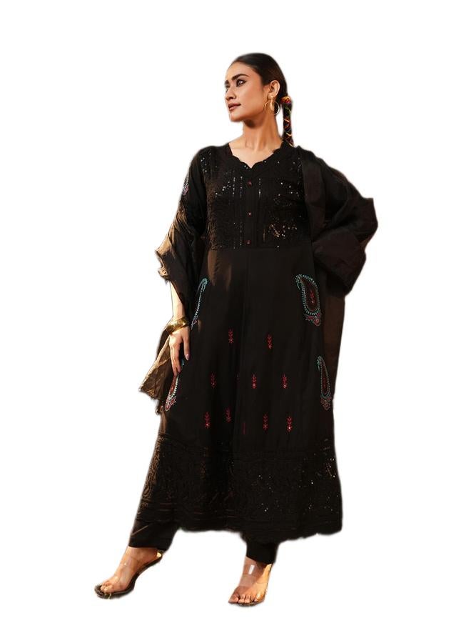 ISHIN Women's Black Rayon Embellished Tunic Upper Calf Length Palazzo Bottom Regular Fit 3 Peice Kurta Set - Image 3