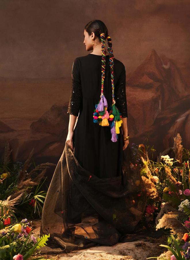 ISHIN Women's Black Rayon Embellished Tunic Upper Calf Length Palazzo Bottom Regular Fit 3 Peice Kurta Set - Image 2