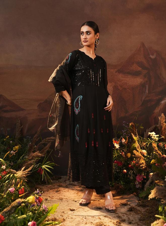 ISHIN Women's Black Rayon Embellished Tunic Upper Calf Length Palazzo Bottom Regular Fit 3 Peice Kurta Set - Image 1