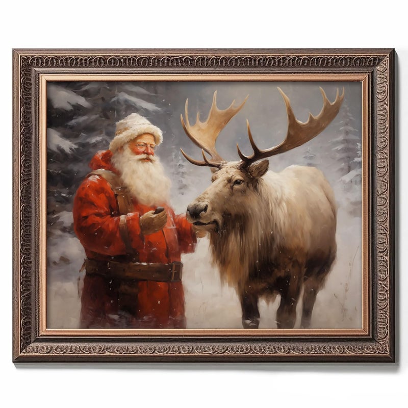 ZEARPT Santa's Reindeer Print  Vintage Christmas Wall Art  Christmas Painting Decor Christmas Art  Santa Claus and Reindeer Xmas Home Decor Trendy Poster Rustic Nordic Decor Winter - Image 2
