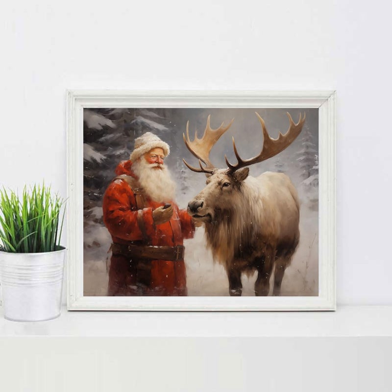ZEARPT Santa's Reindeer Print  Vintage Christmas Wall Art  Christmas Painting Decor Christmas Art  Santa Claus and Reindeer Xmas Home Decor Trendy Poster Rustic Nordic Decor Winter - Image 4
