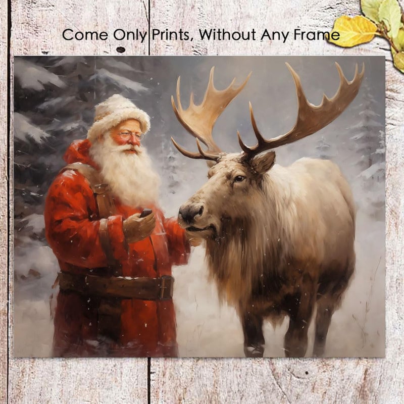 ZEARPT Santa's Reindeer Print  Vintage Christmas Wall Art  Christmas Painting Decor Christmas Art  Santa Claus and Reindeer Xmas Home Decor Trendy Poster Rustic Nordic Decor Winter - Image 1