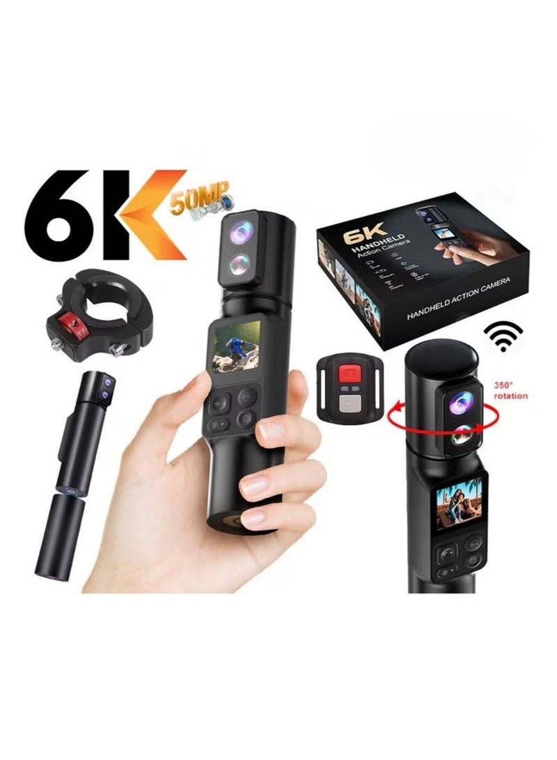 Generic 6K Ultra HD Handheld Action Camera – Waterproof, Wifi, Wide Angle Lens, 350° Rotating Lens, 50MP Vlogging Camera, Touch Screen,2600mAh+2600mAh Battery - Image 1