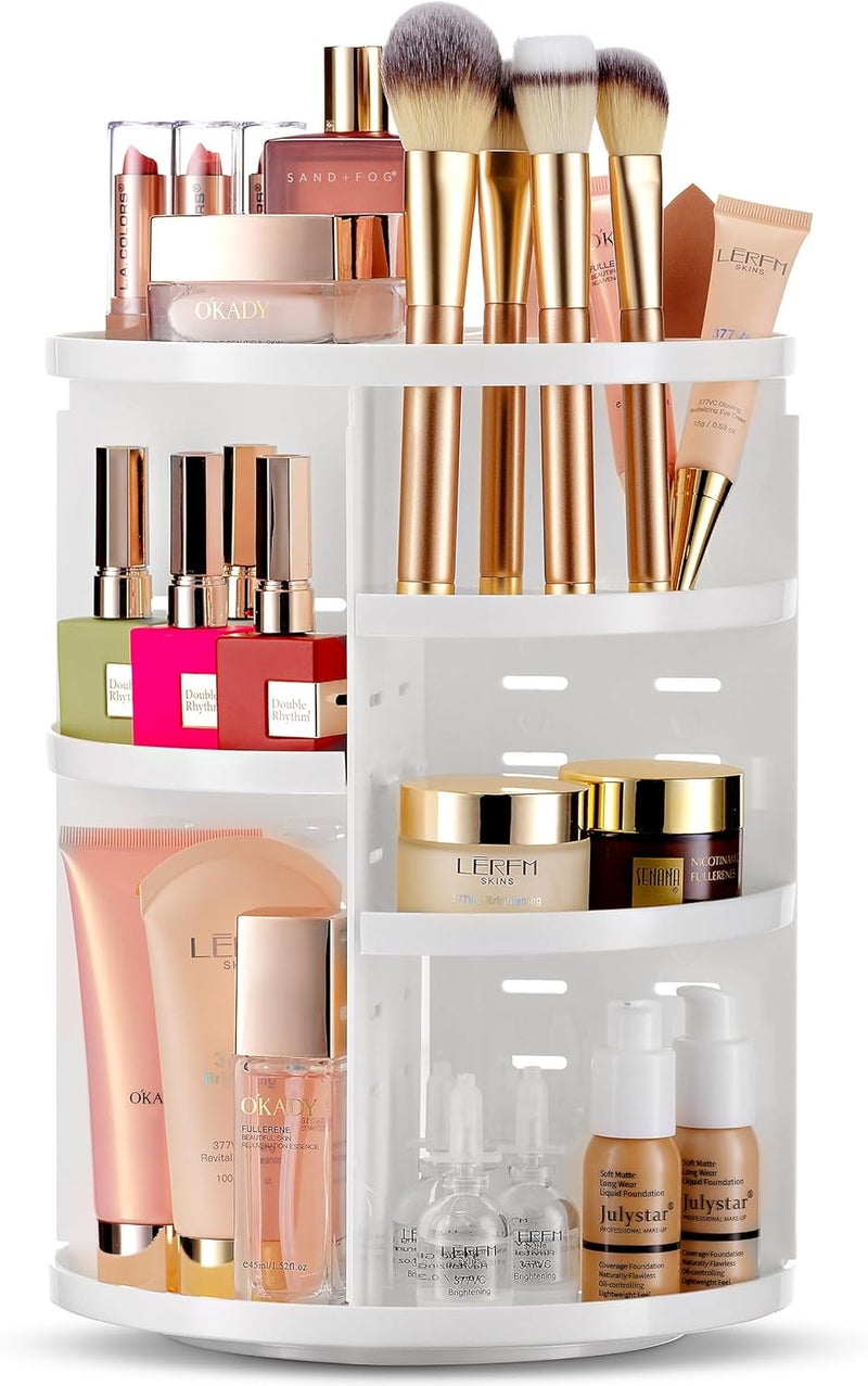 Masirs 360 Rotating Makeup Organizer - Adjustable Shelf Height and Fully Rotatable. The Perfect Cosmetic Organizer for Bedroom Dresser or Vanity Countertop. (White)