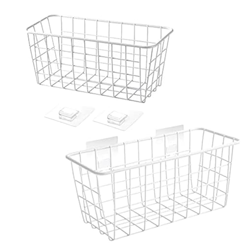 LeleCAT Hanging Kitchen Baskets For Storage Adhesive Sturdy Small Wire Storage Baskets with Kitchen Food Pantry Bathroom Shelf Storage No Drilling Wall Mounted2 PACKWhite