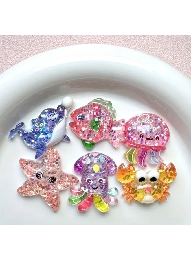 6 Pieces Mini Glittery Ocean Resin Figurines Starfish Crab Whale Jellyfish Decor Handmade Charms DIY Craft Gifts - Image 1