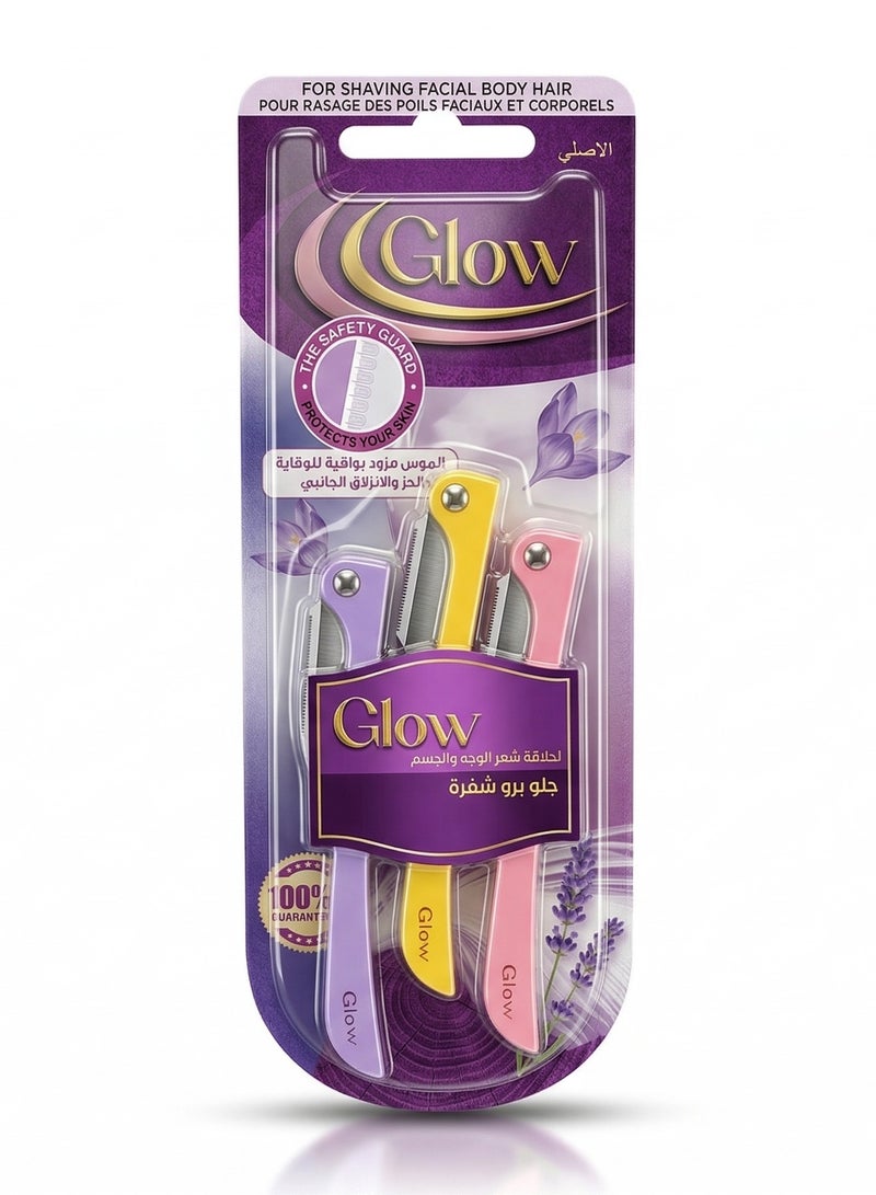 Glow Facial & Body Hair Razors for Women with Safety Guard, Dermaplaning Tool for Smooth Skin, Eyebrow Shaper, Gentle Hair Removal for Face, Neck, Arms, Legs - 3 Count Multi-Color - Image 1