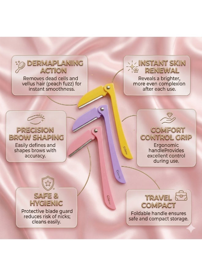 Glow Facial & Body Hair Razors for Women with Safety Guard, Dermaplaning Tool for Smooth Skin, Eyebrow Shaper, Gentle Hair Removal for Face, Neck, Arms, Legs - 3 Count Multi-Color - Image 3