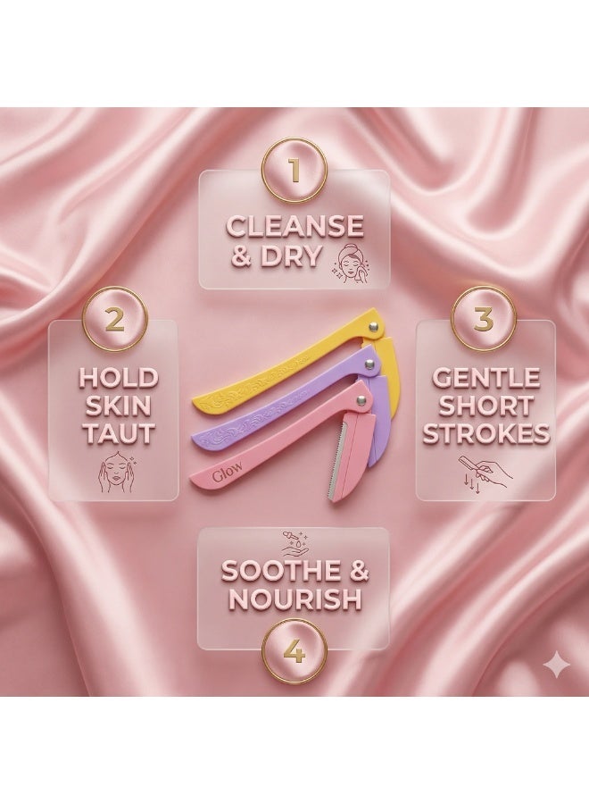 Glow Facial & Body Hair Razors for Women with Safety Guard, Dermaplaning Tool for Smooth Skin, Eyebrow Shaper, Gentle Hair Removal for Face, Neck, Arms, Legs - 3 Count Multi-Color - Image 4