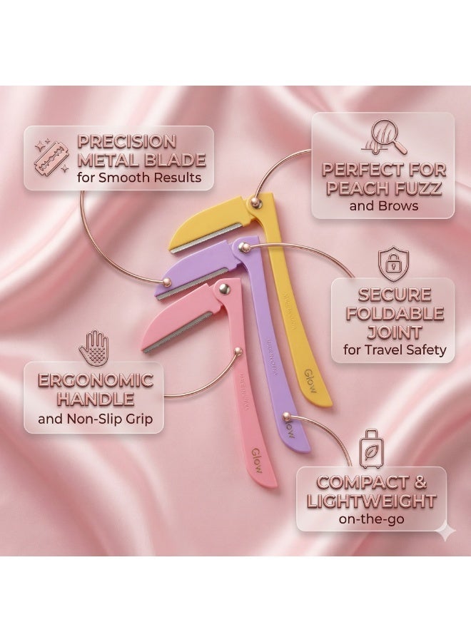 Glow Facial & Body Hair Razors for Women with Safety Guard, Dermaplaning Tool for Smooth Skin, Eyebrow Shaper, Gentle Hair Removal for Face, Neck, Arms, Legs - 3 Count Multi-Color - Image 5